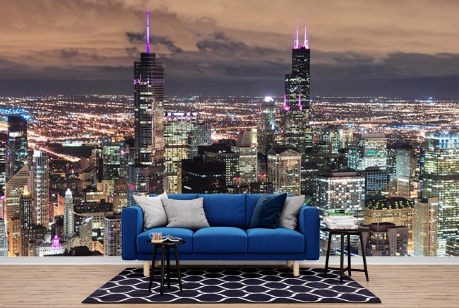 Chicago Night Skyline Wallpaper Wall Mural