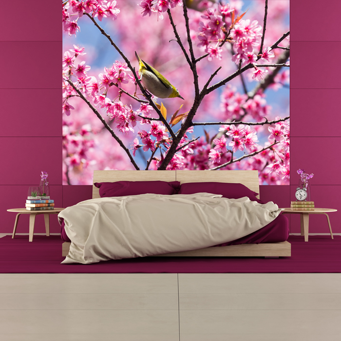 Pink Cherry Blossom Wall Mural Bird Wallpaper Living Room ...