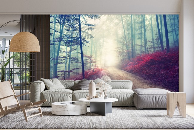 Magical Red Road Wall Mural Misty Forest Tree Wallpaper Magical Red Road Wall Mural Misty Forest Tree Wallpaper