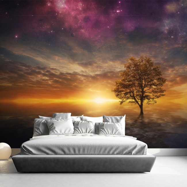 Purple Stars Sky Wall Mural Tree Sunset Wallpaper Bedroom ...