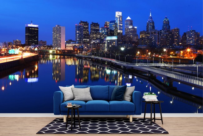 Philadelphia City Skyline Wall Mural Blue Cityscape Wallpaper USA Photo Decor