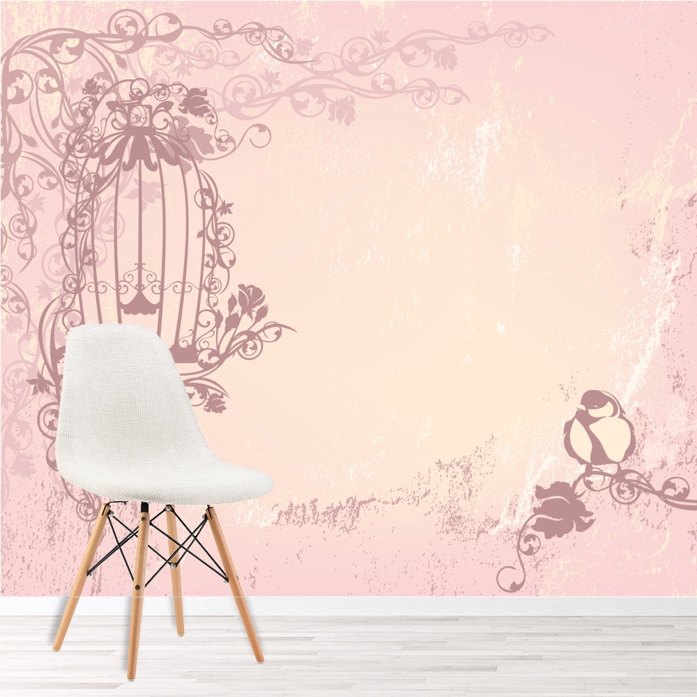 Pink Vintage Birdcage Wallpaper Wall Mural