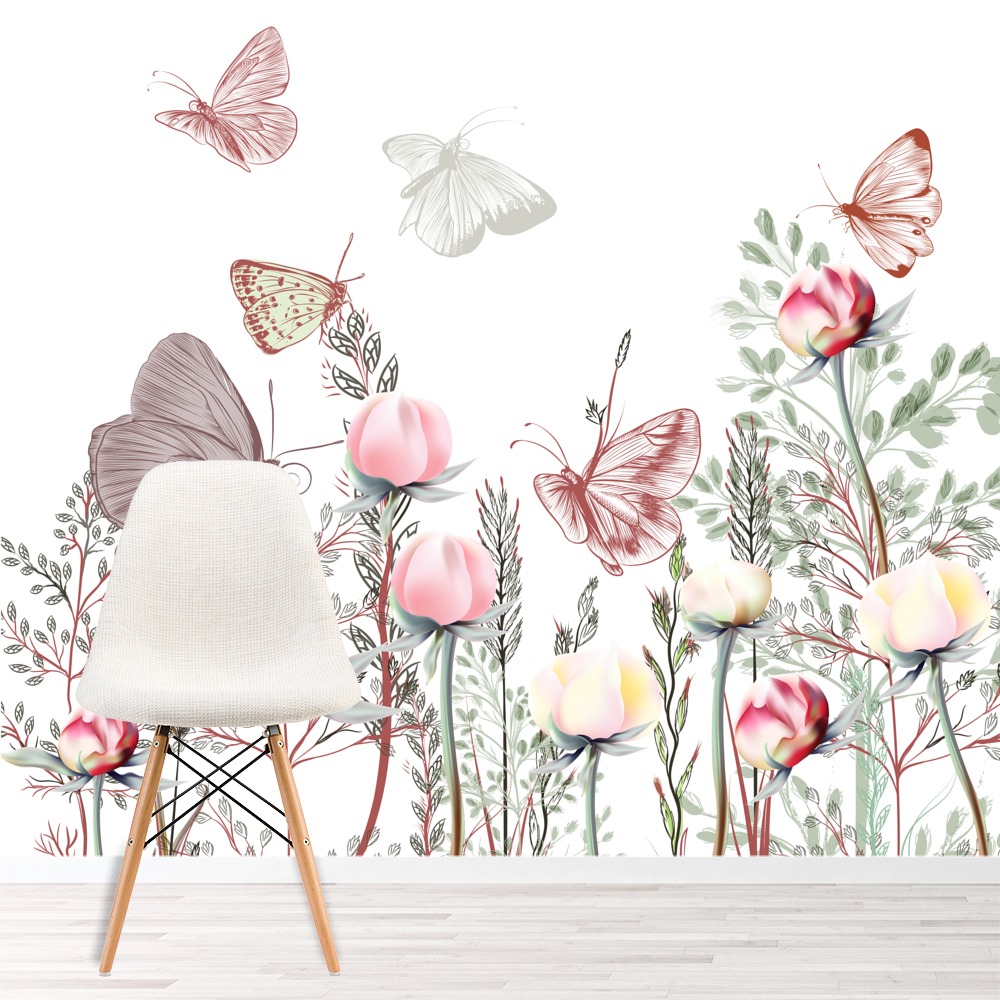 Spring Flowers Tulips Butterfly Wallpaper Wall Mural