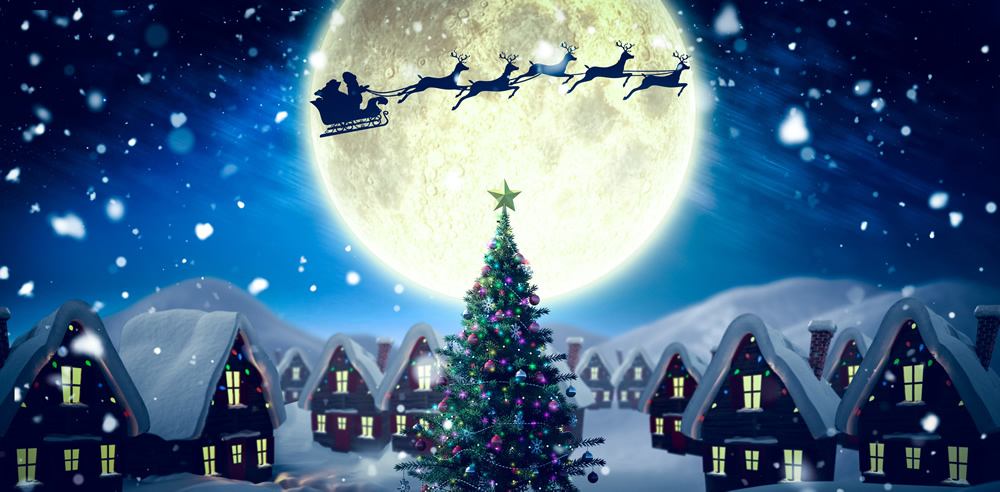 Santa Sleigh Over Winter Village Christmas Wallpaper Wall Mural
