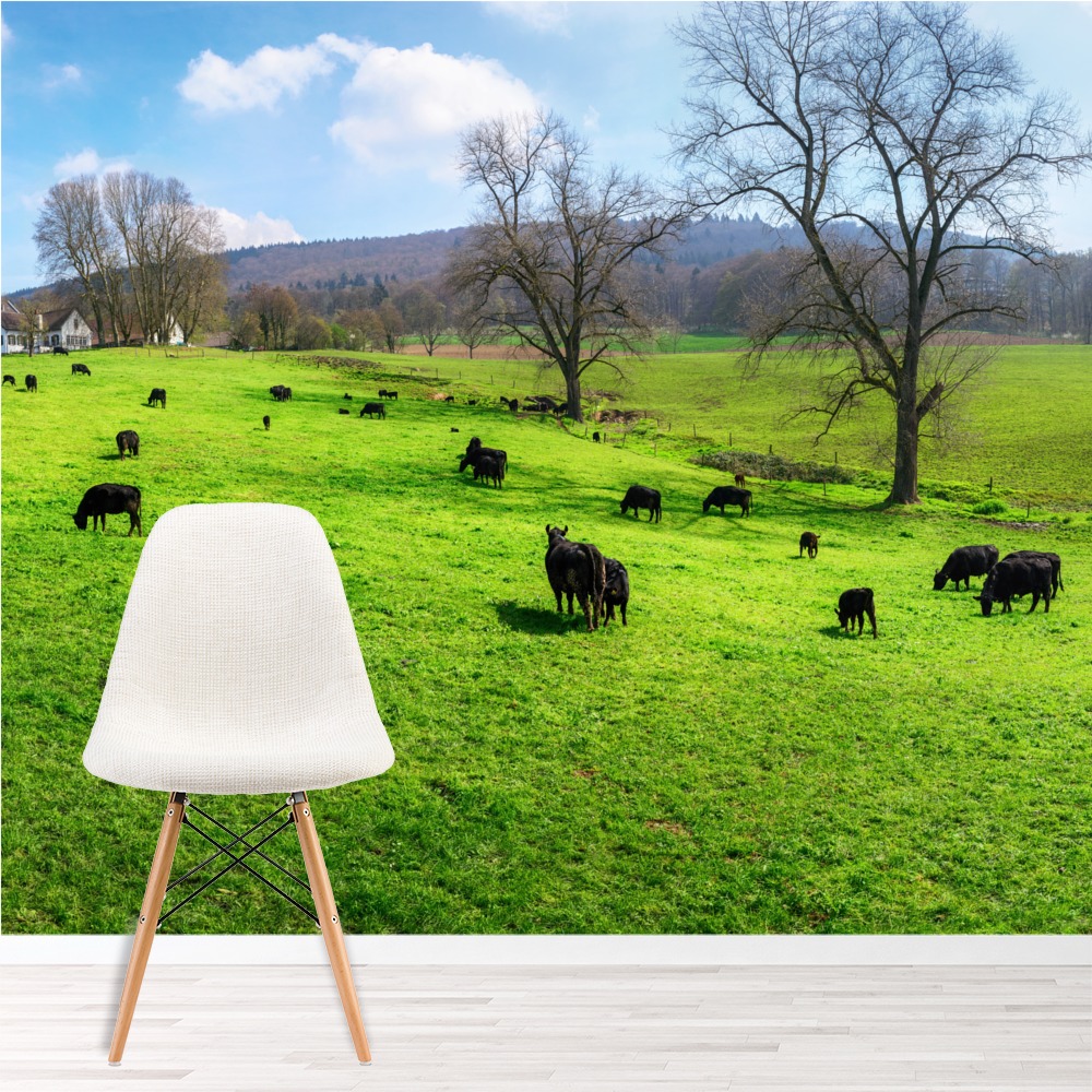 Green Field Farm Cows Wallpaper Wall Mural