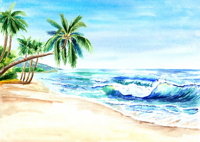 Tropical Beach Palm Tree Painting Wallpaper Wall Mural