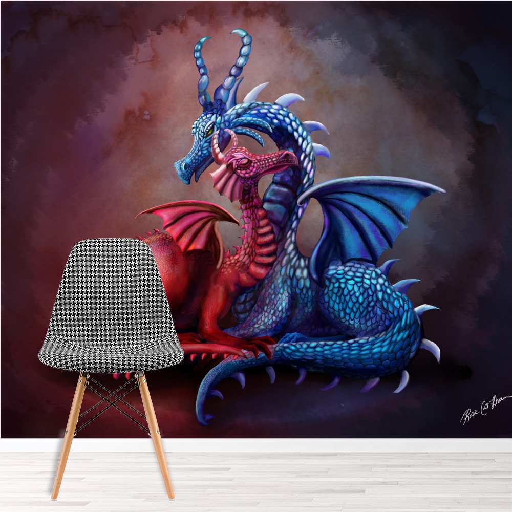 Blue & Red Dragons in a Cave Wall Mural by Rose Khan