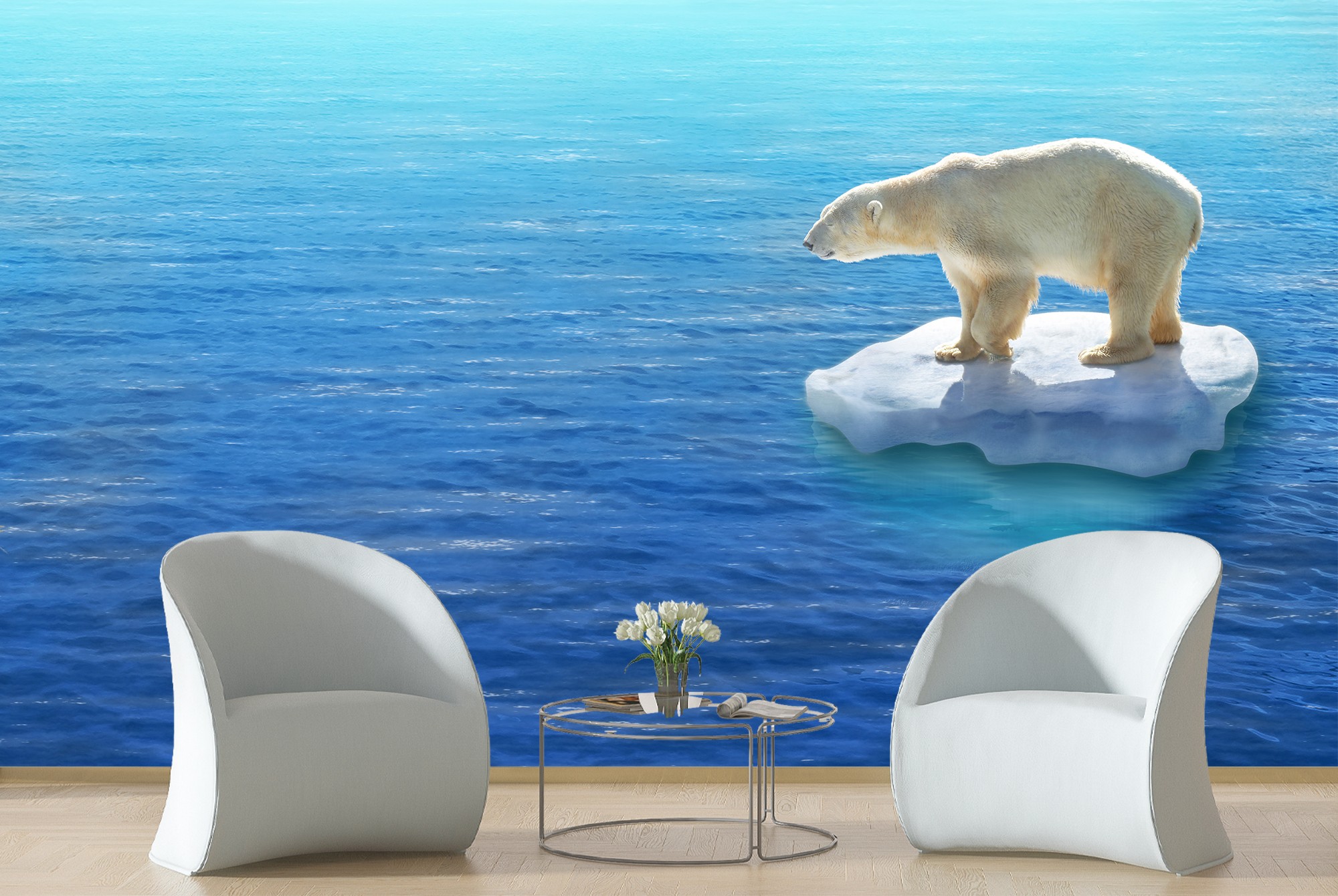 White Polar Bear Wall Mural Blue Ocean Wallpaper Kids ...
