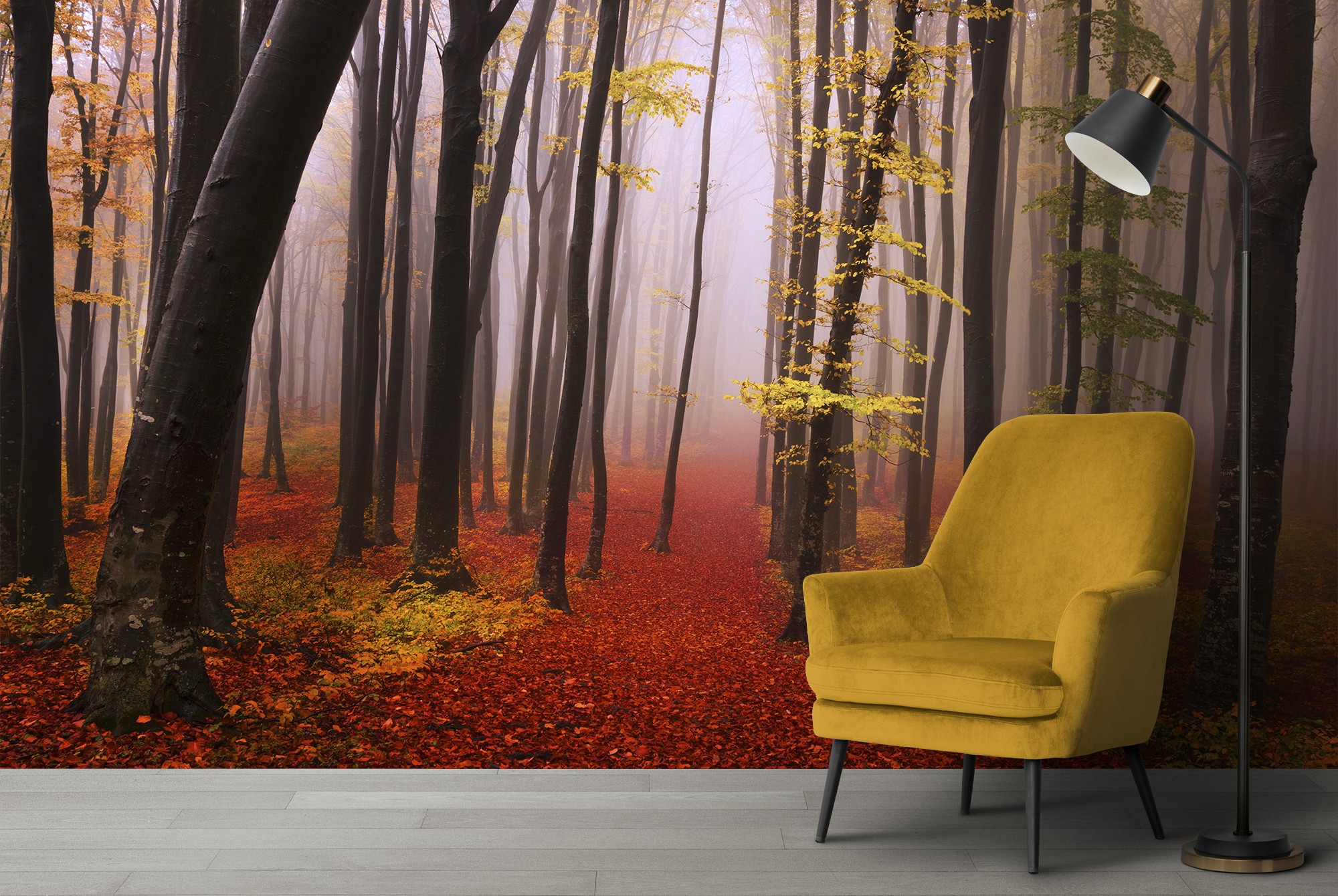 Misty Red Forest Wall Mural Trees Wood Wallpaper Living
