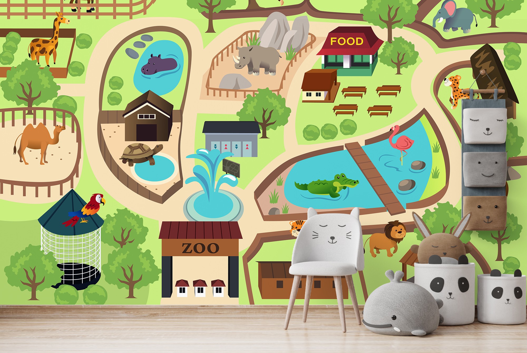 Zoo Animals Wall Mural Maps Wallpaper kids Bedroom Nursery Photo Home Decor