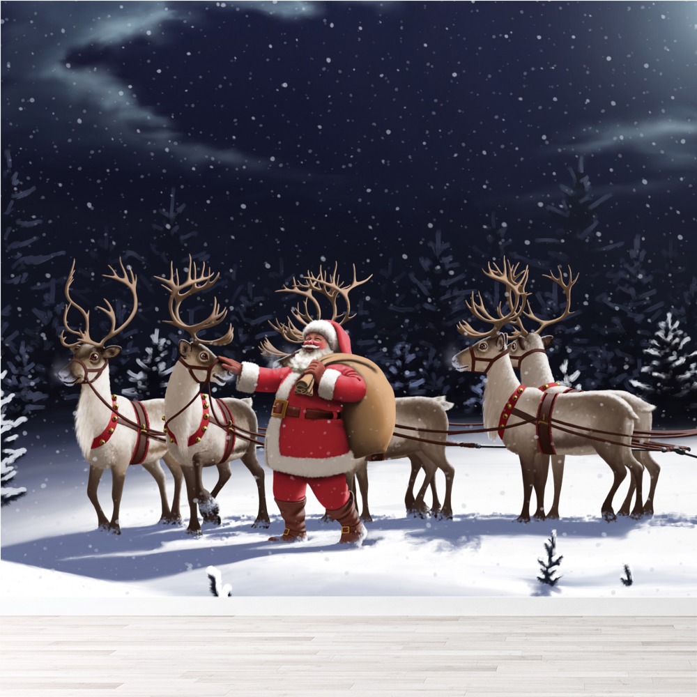 Santa Claus &amp; Reindeer, Christmas Wallpaper Wall Mural
