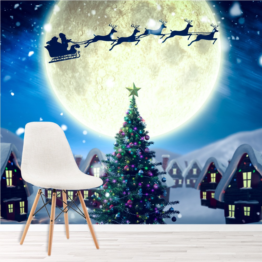 Santa Sleigh Over Winter Village Christmas Wallpaper Wall Mural