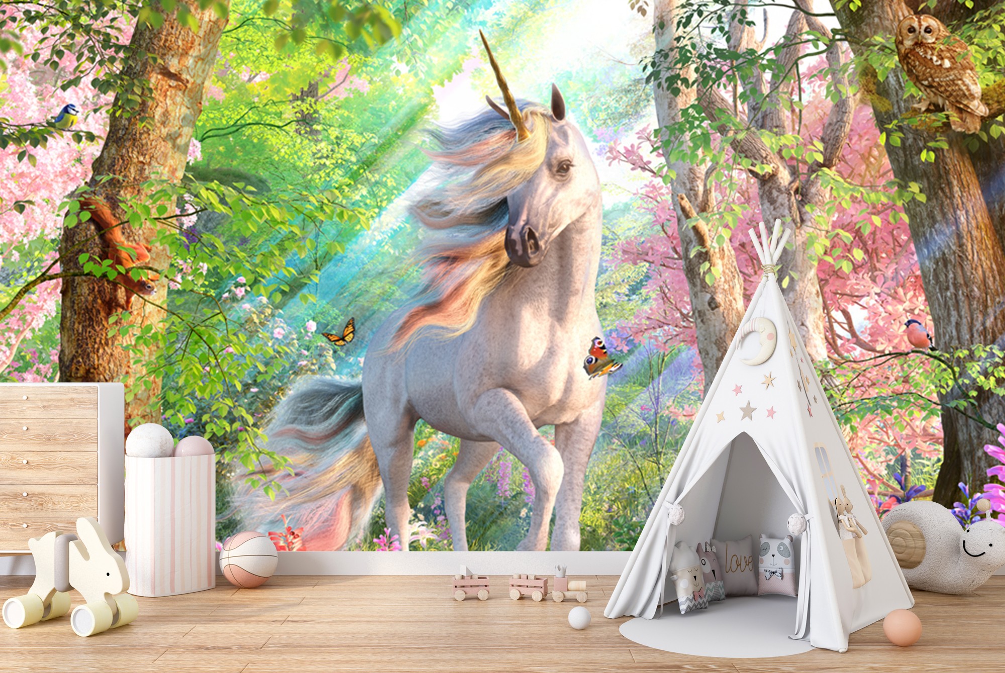 Unicorns Fairy Tale Magical Forest Wall Sticker Mural Wallpaper Kids Decor AZ27 