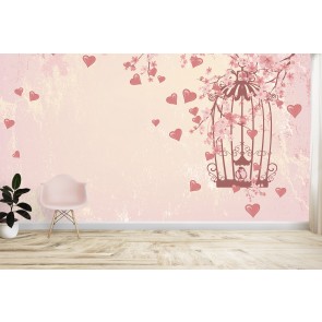 Love Heart Tree Pink Birdcage Wallpaper Wall Mural