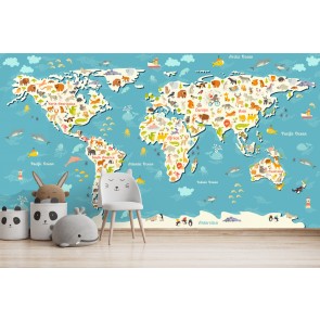 Animal World Map Childrens Wallpaper Wall Mural