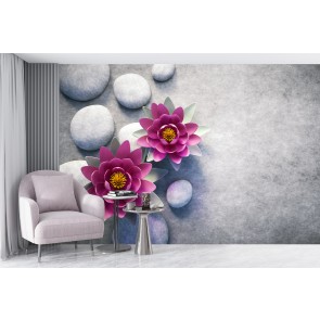 Pink Lotus Flower & Grey Pebble Wallpaper Wall Mural