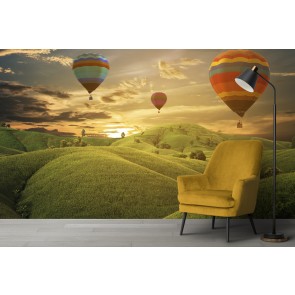 Hot Air Balloon Sunset Green Hills Wallpaper Wall Mural