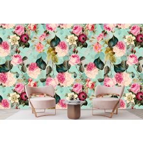 Pink & White Flowers on Blue Wall Mural by Uta Naumann