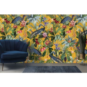 Jungle Herron on Yellow Wall Mural by Uta Naumann