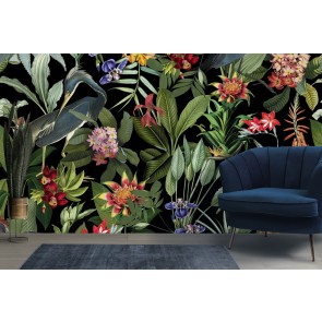 Blue Heron Tropical Night Jungle Wall Mural by Uta Naumann