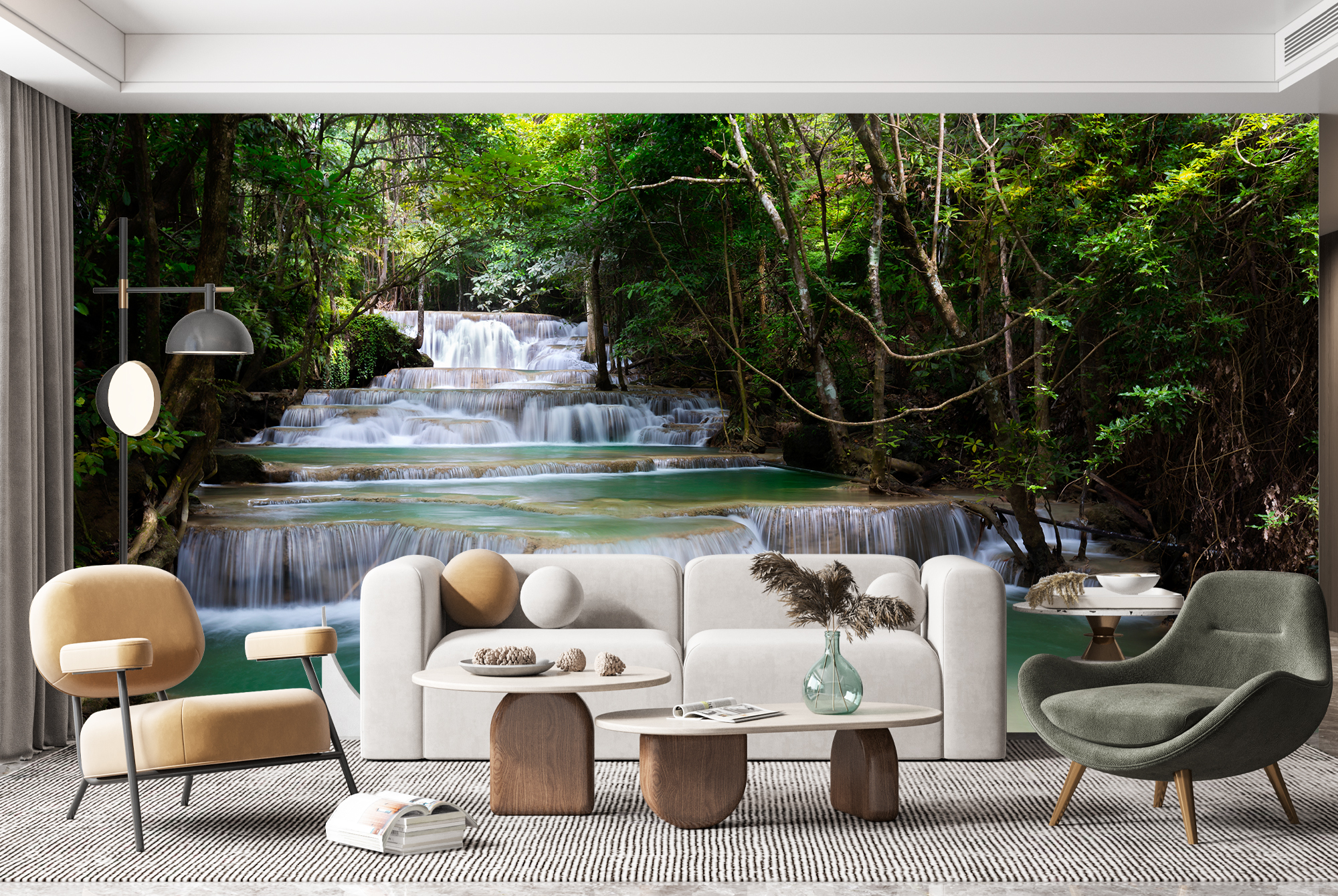 Wald Wasserfall Fototapete Grüne Bäume Tapete Wohnzimmer ...