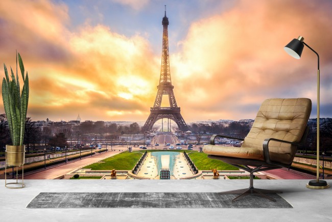 Eiffelturm Sonnenaufgang Fototapete Wahrzeichen Paris Tapete Wohnzimmer Foto Dekor