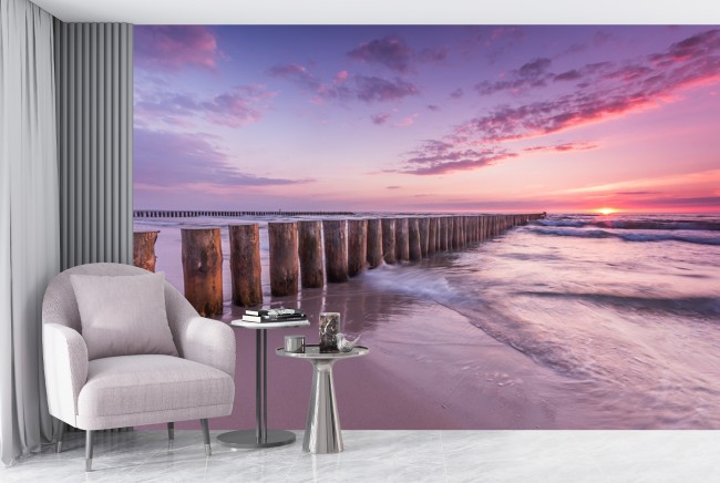 Pink Sunset Ocean Seascape Wallpaper Wall Mural