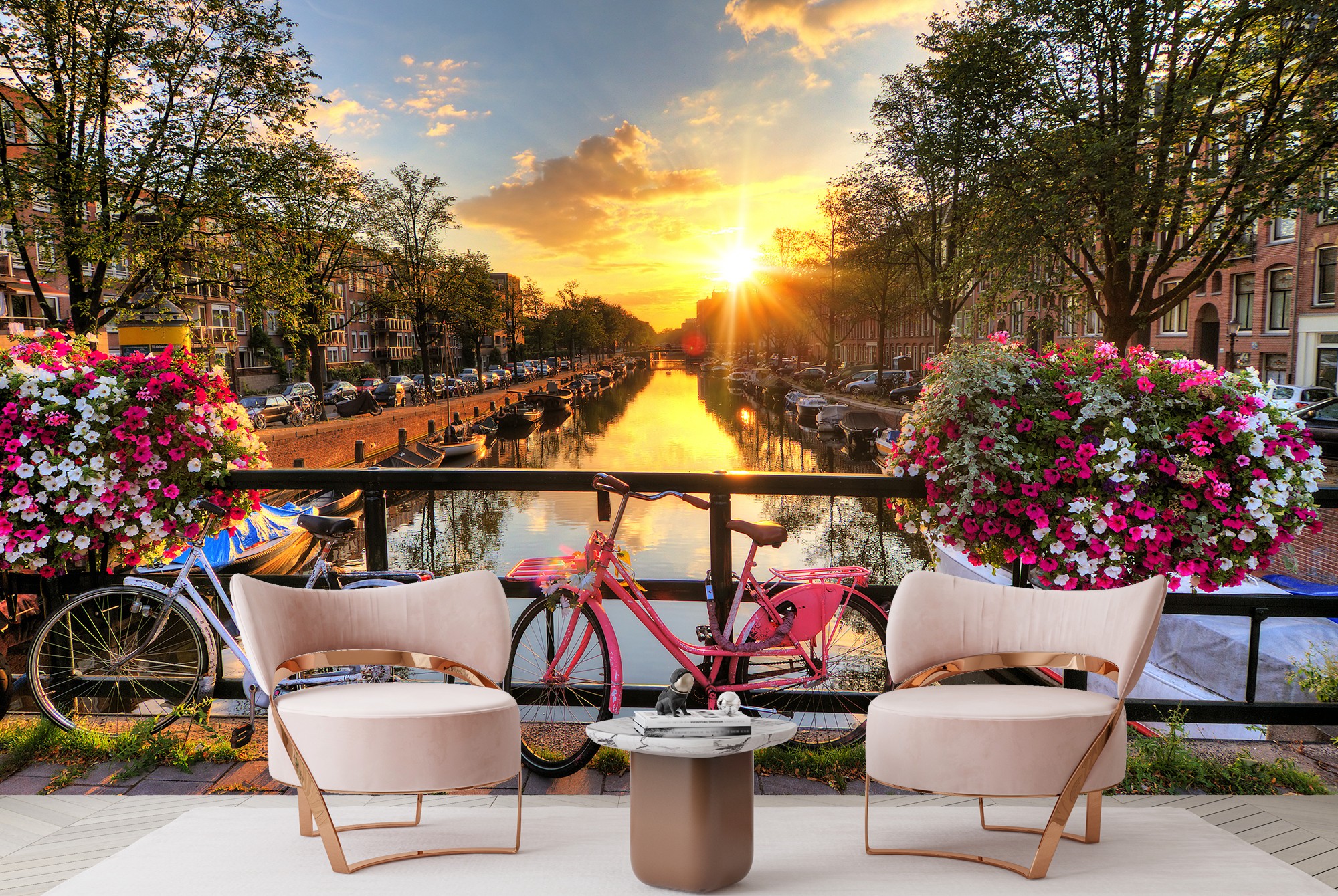 Rosa Blumen & Fahrräder Fototapete Canal Amsterdam Tapete Schlafzimmer