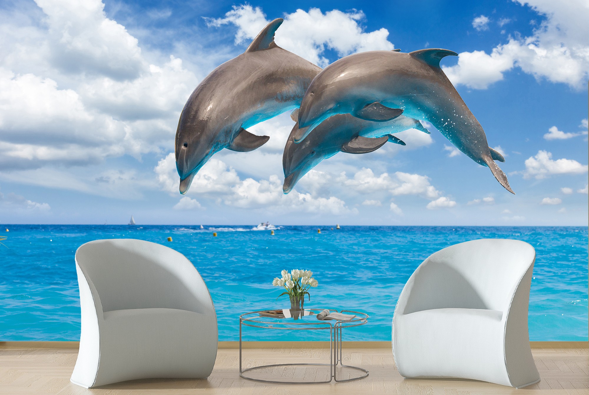 3D Fototapete Delfine & Wellen - Vlies Tapete 300x210cm Blau