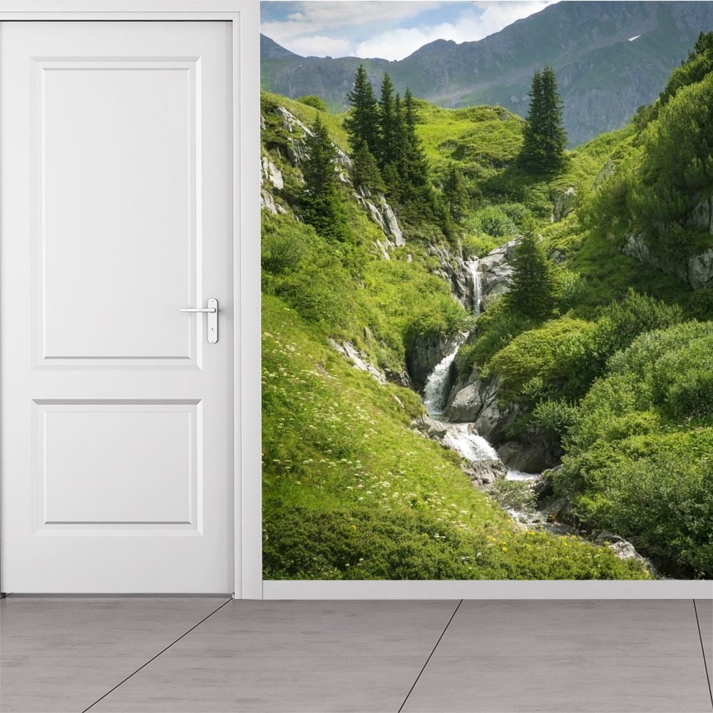 Mountain Stream Green Landscape Wallpaper Wall Mural