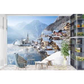 White Winter Village Mountain Lake Wallpaper Wall Mural