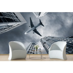 Airplane & City Skyscrapers Wallpaper Wall Mural