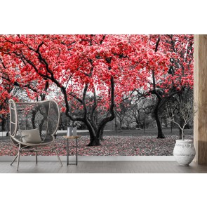 Red Flower Trees Wallpaper Wall Mural