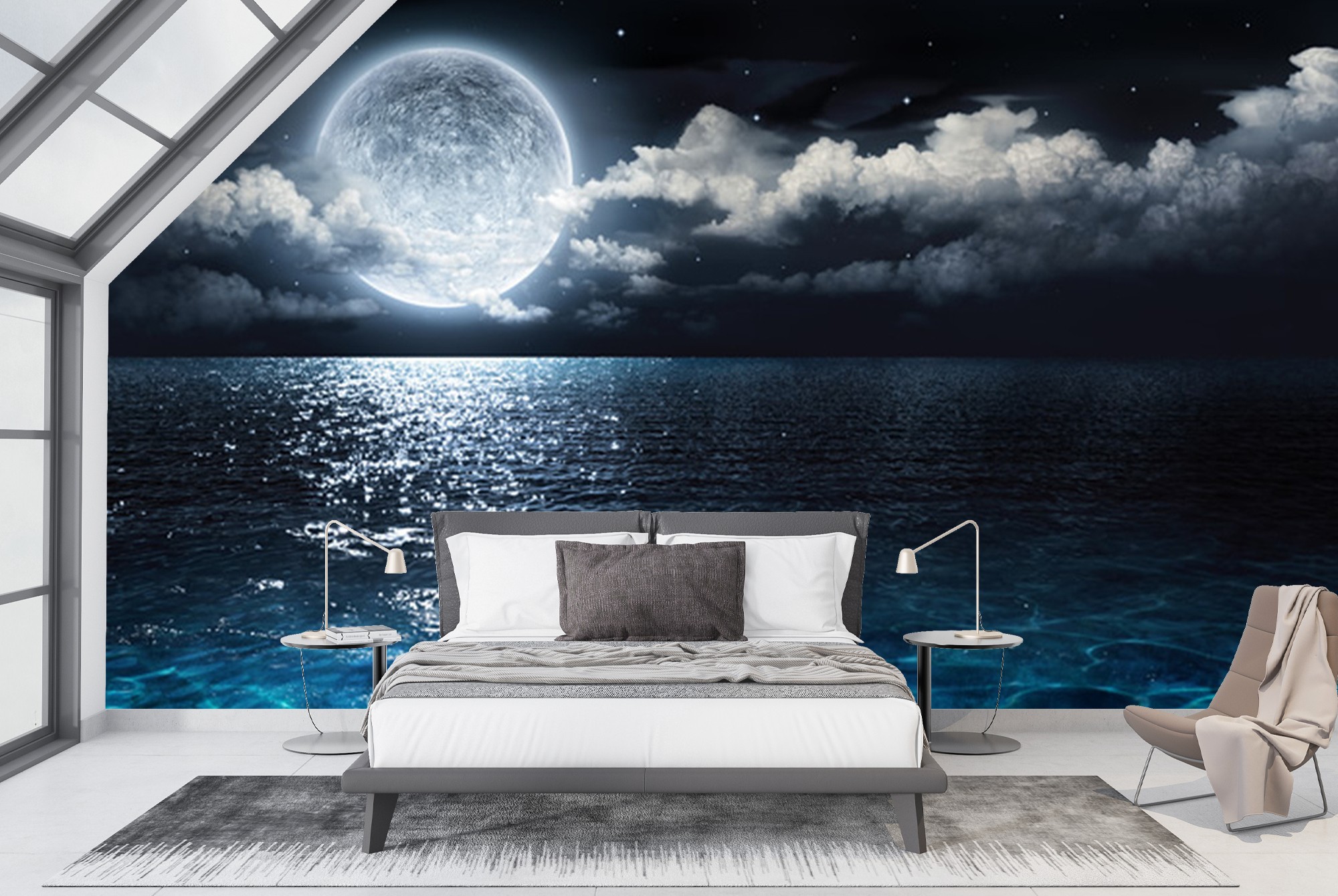 Papier Peint Mural 3D – Océan Tranquille R1981, Impression Lune, Décoratif Et Coloré