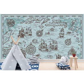 Blue Pirate Map Caribbean Sea Wallpaper Wall Mural