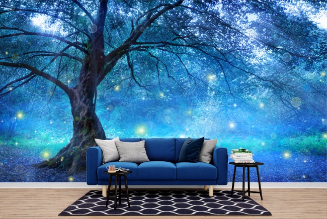 Papelera panorámica asegurada, para habitaciones para niños con pequeñas  ardillas y árboles azules, 270 cm x 250 cm