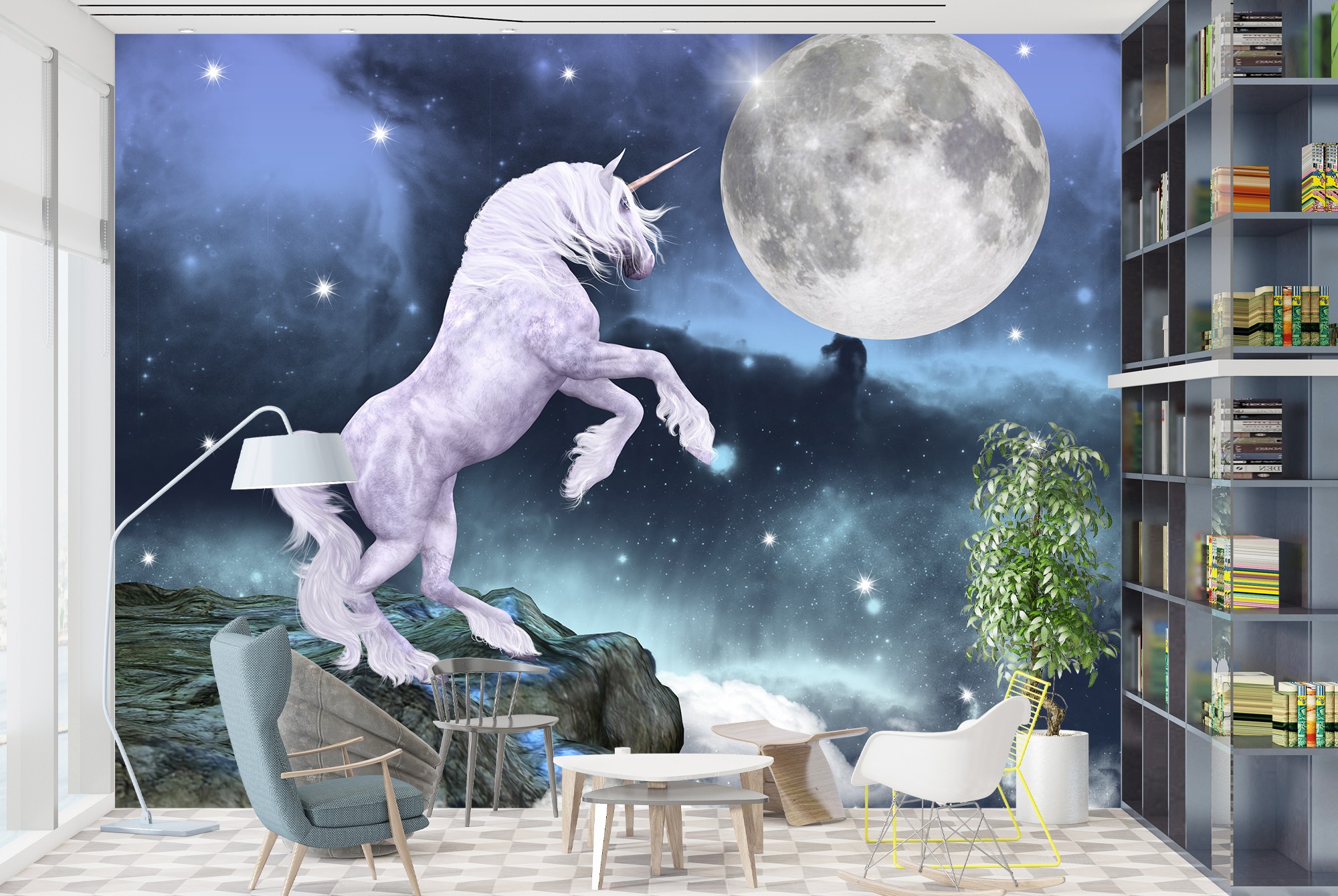 Unicornio Fotomurales Fantasía de Luna Llena Papel Pintado Dormitorio