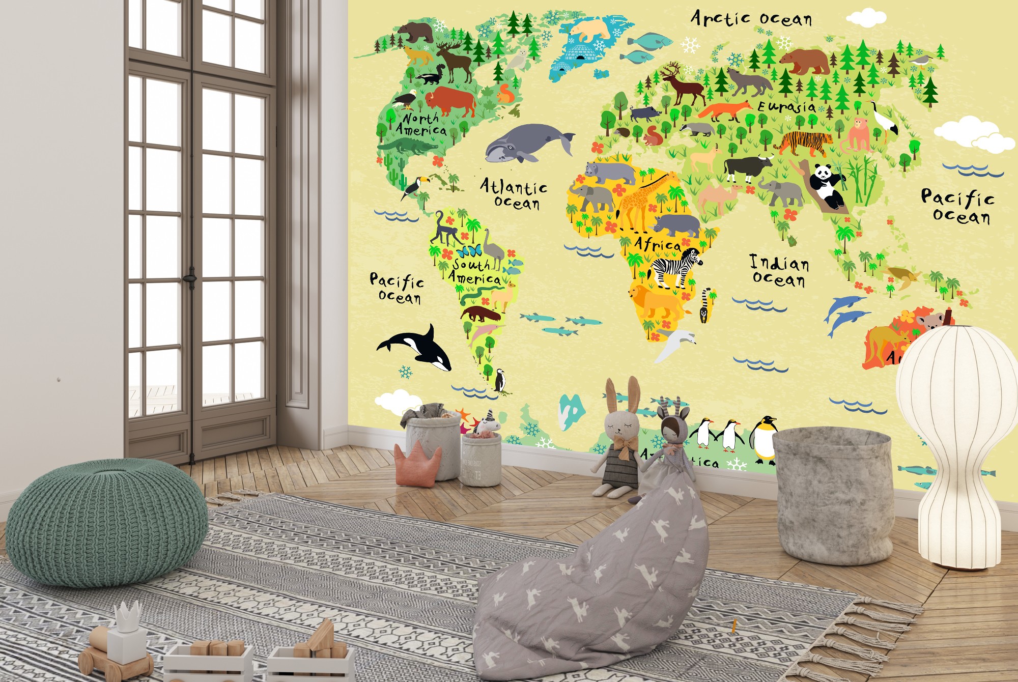 Childrens Animal World Map Wallpaper Wall Mural
