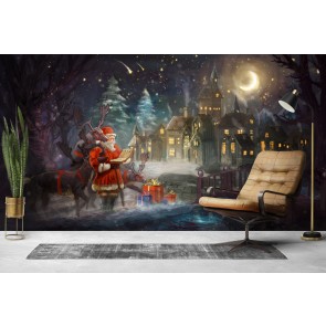 Santa & Reindeer Village Christmas Wallpaper Wall Mural