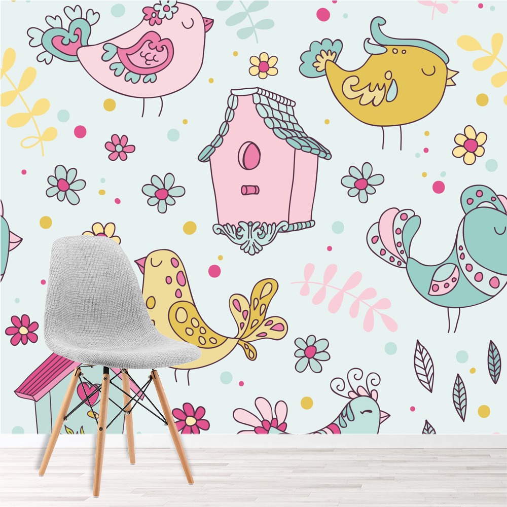 Get Wallpaper Carino Uccelli Blu Rosa Fotomurali Fiori Carta Da Parati Bambini Nursery Foto Decorazione Domestica For Free