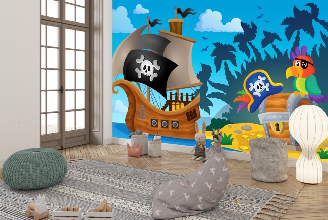 210x140 cm - 5 parti GREAT ART® Carta da Parati Fotografica Camera dei Bambini Decorazione Murale Nave Pirata Avventura Caccia al Tesoro Bambini Ragazzi Ragazze Illustration Comic Pirati 