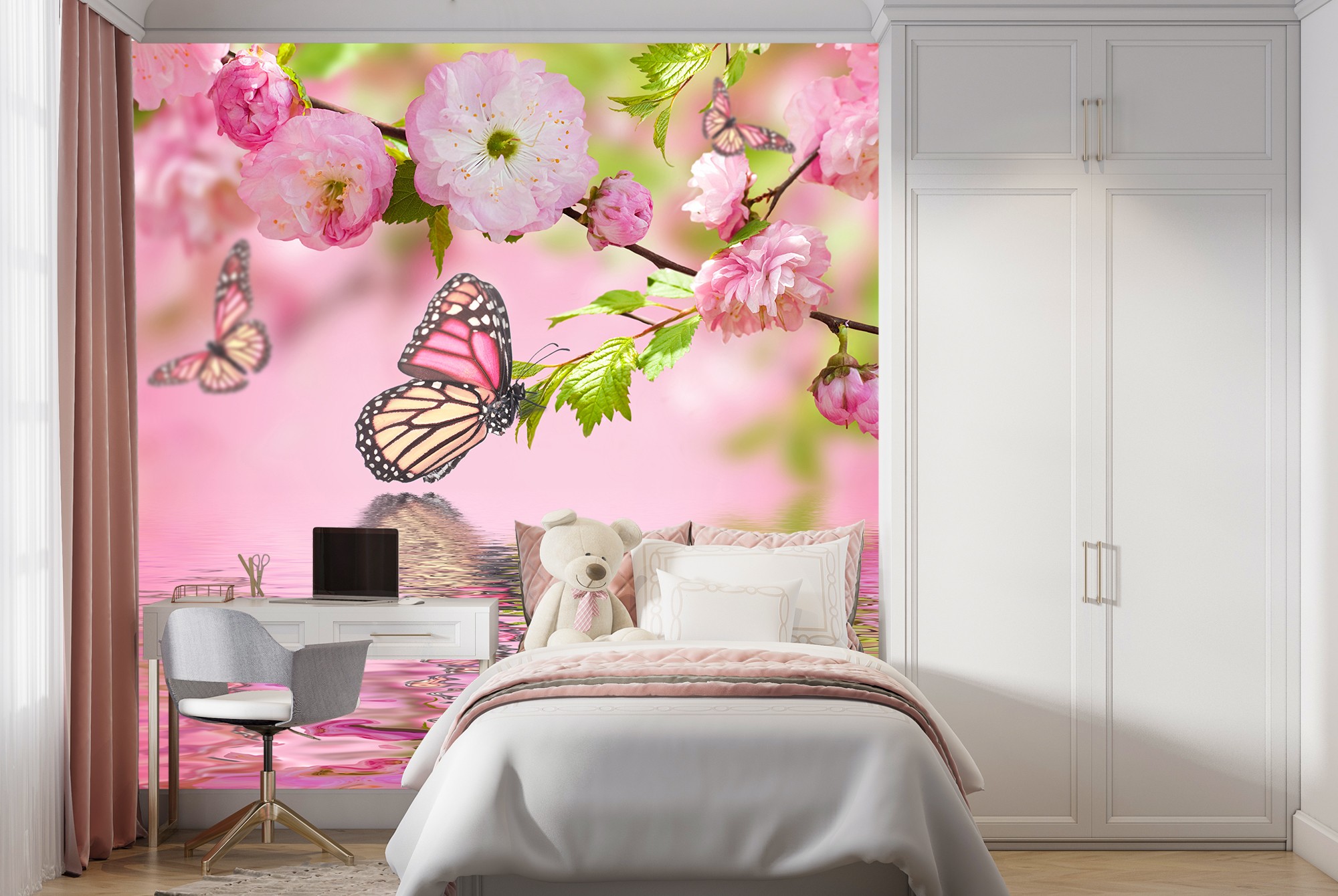Pink Flower Blossom Butterfly Wallpaper Wall Mural