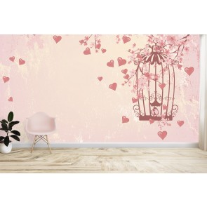 Love Heart Tree Pink Birdcage Wallpaper Wall Mural
