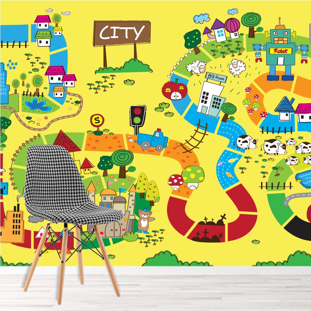 Yellow Map Wall Mural Fun City Map Wallpaper kids Bedroom ...