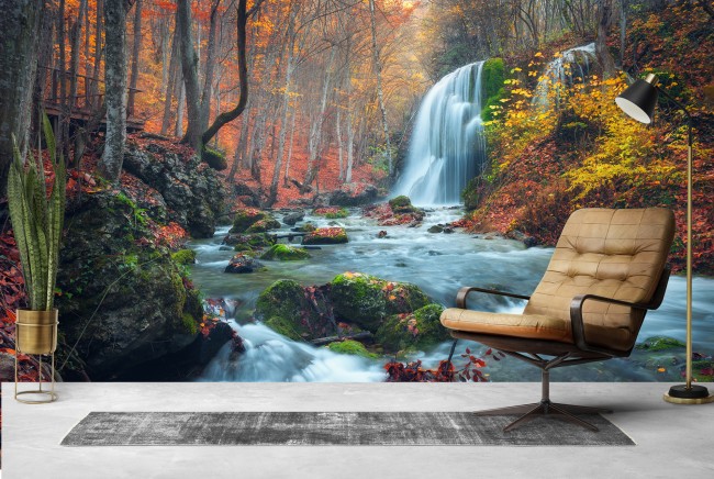 Waterfall River Wall Mural Autumn Forest Wallpaper Living