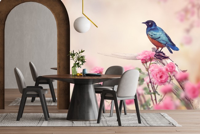 Pink Flower Bluebird Wallpaper Wall Mural