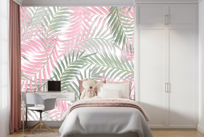 Palm Tree Leaves Pink Green Wallpaper Wall Mural