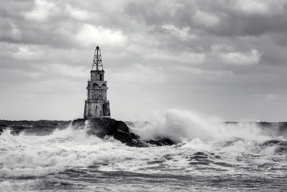 Lighthouse Seascape Black White Wallpaper Wall Mural