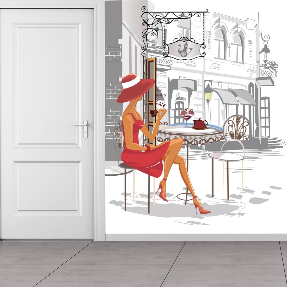 Street Cafe Paris Lady Wallpaper Wall Mural