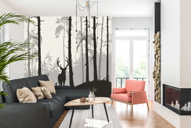 Red Stag Winter Forest Wall Mural Wallpaper WS-42870